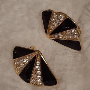 Vintage Monet Retro Black and Gold Fan Postback Earrings
